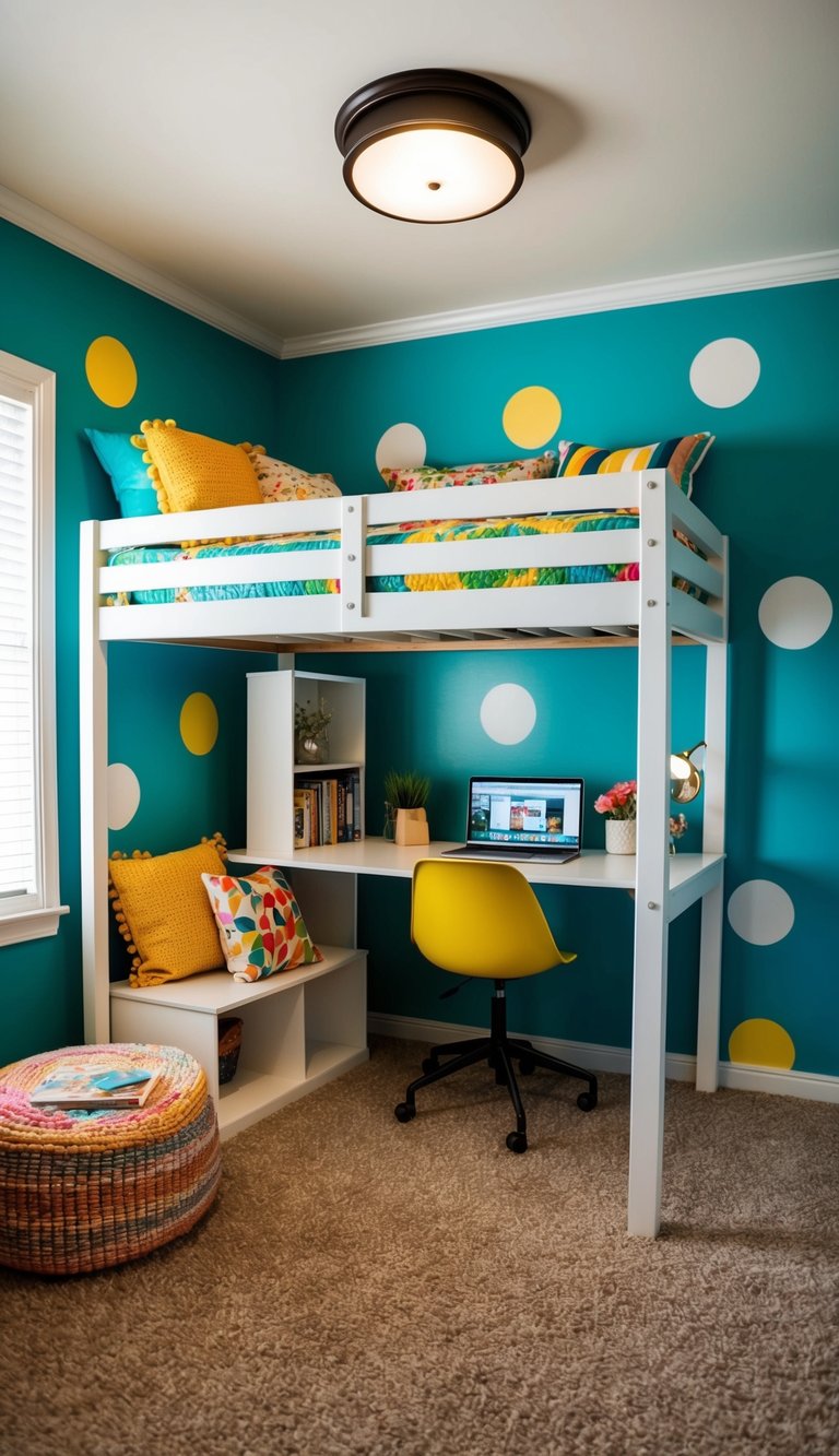 A loft bed with a desk and bookshelf underneath, surrounded by colorful decor and cozy seating