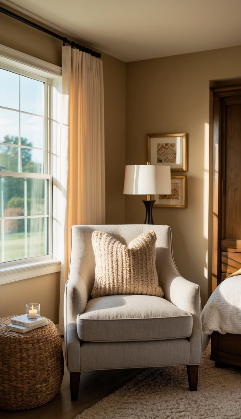 A cozy accent chair sits beside a window in a sunlit guest bedroom, surrounded by warm, inviting decor