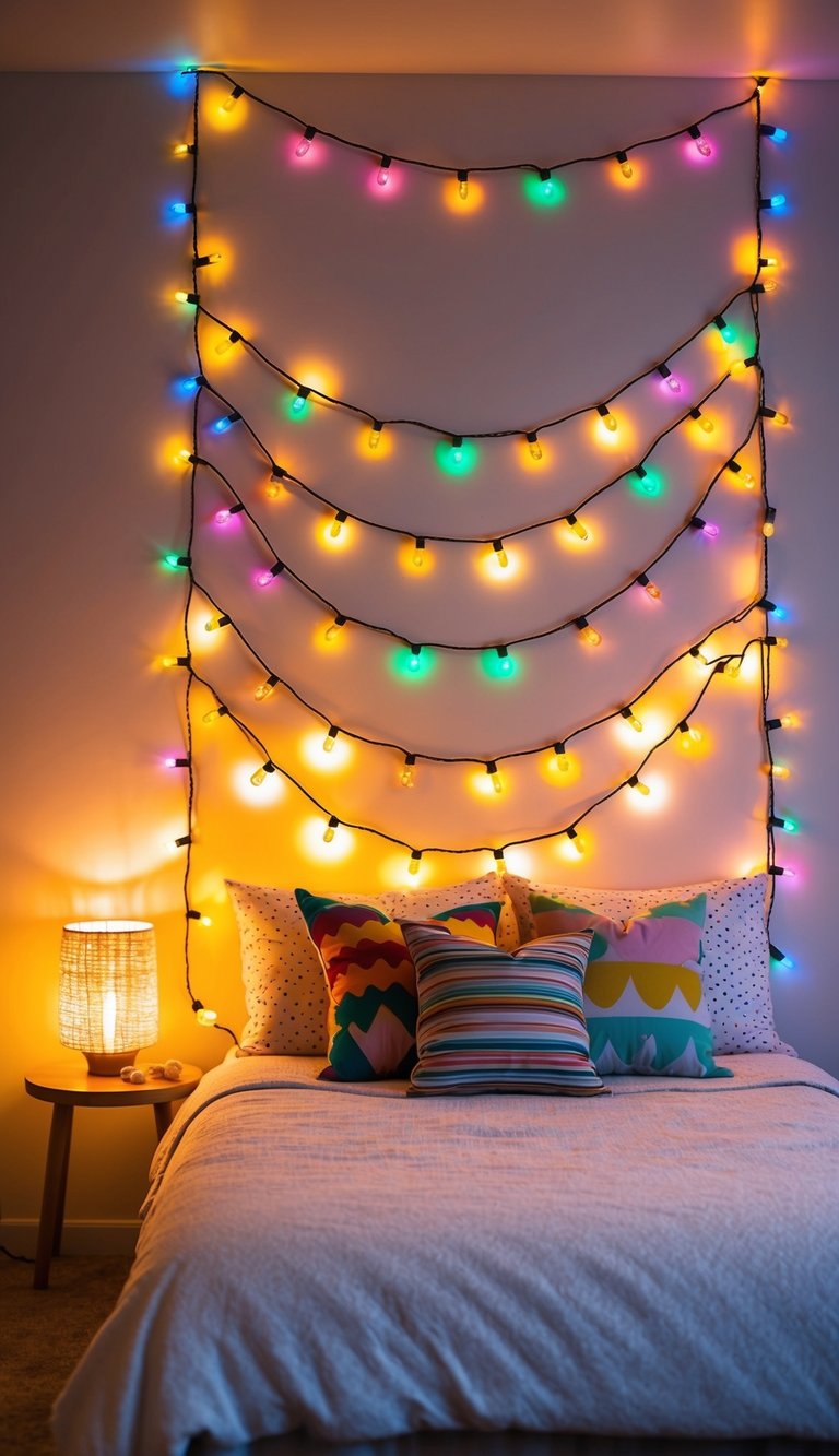 Colorful string lights hang above a cozy bedroom, casting a warm glow on the playful decor and creating a magical ambiance