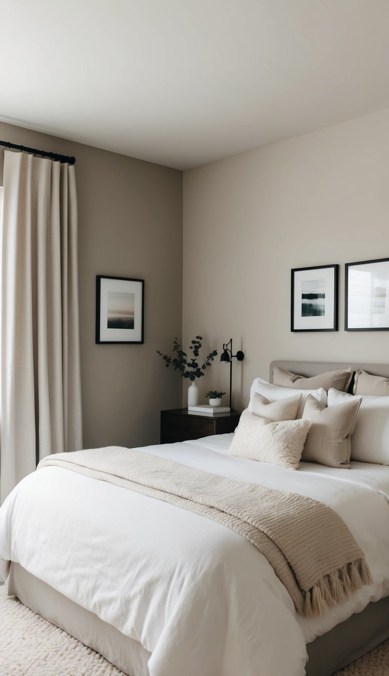 A serene guest bedroom with neutral wall colors, featuring cozy bedding, soft lighting, and minimalist decor