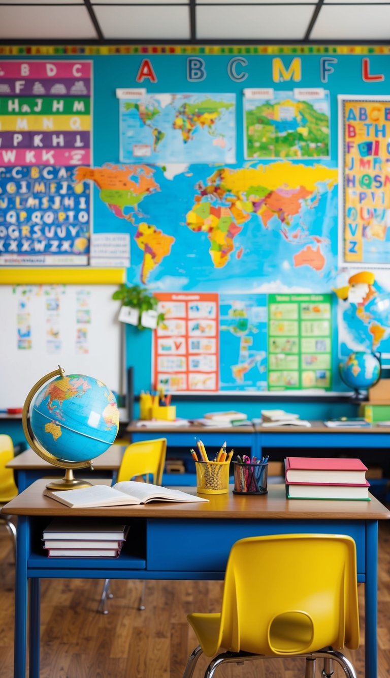 A colorful classroom with educational posters, maps, and alphabet letters on the walls. A desk with books and a globe