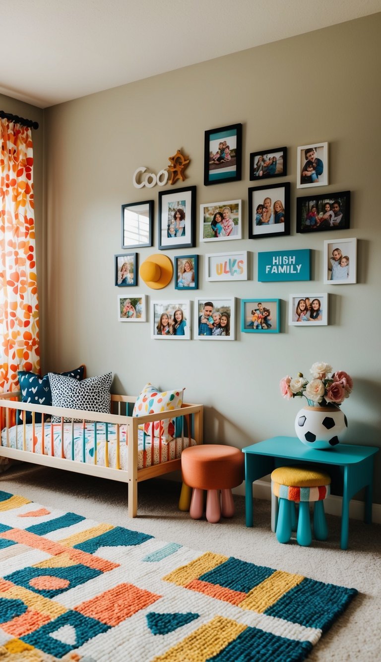 A cozy kids' bedroom with a wall adorned with family photos, colorful decor, and playful furniture