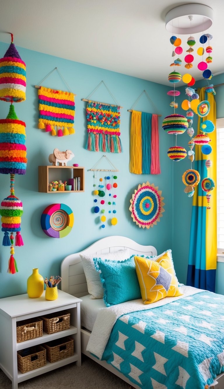 A cozy kids' bedroom adorned with a colorful array of DIY crafts. The crafts include handmade wall hangings, painted shelves, and whimsical mobiles.