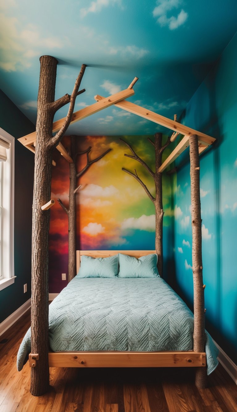 A room with a treehouse bed and a changing color sky mural. The bed has adjustable branches.