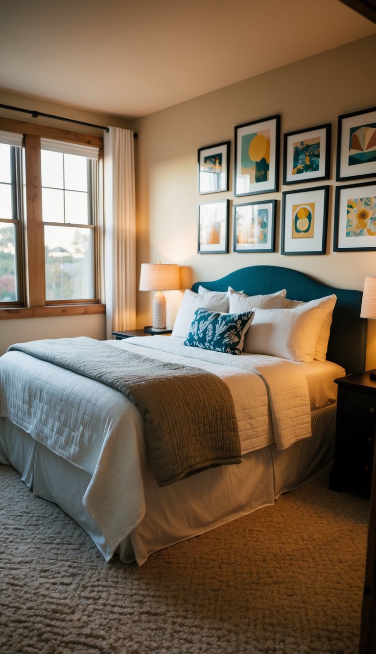 A cozy guest bedroom with a large bed, nightstands, and a gallery wall of various artistic prints. The room is bathed in warm, soft light from the window