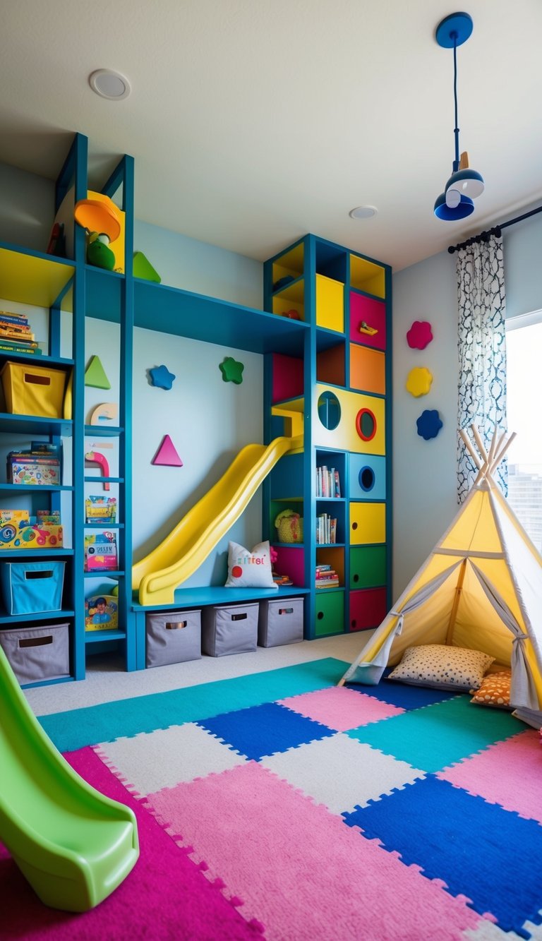 A spacious kids' bedroom filled with colorful play areas. The play areas include slides, climbing walls, and reading nooks.