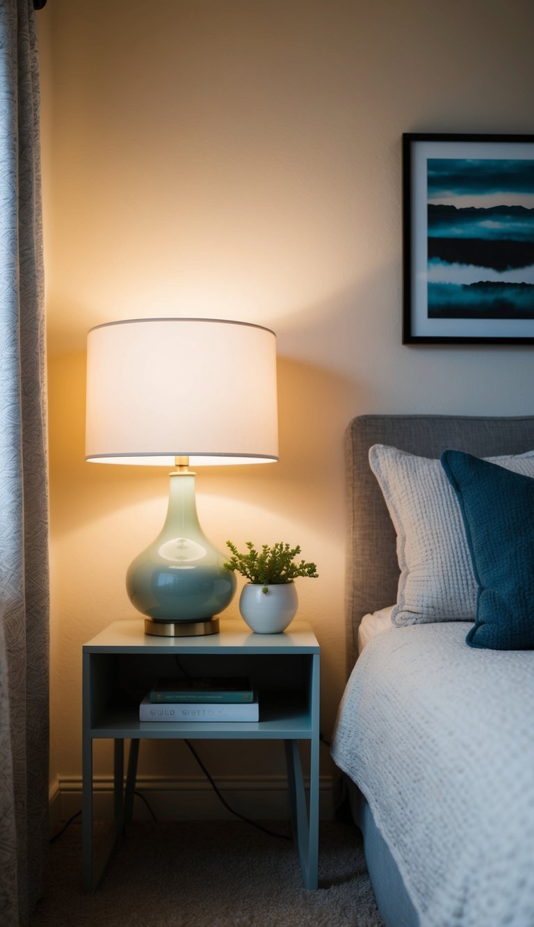 A cozy guest bedroom with a compact nightstand, softly lit by a bedside lamp. The room is decorated with 23 different design ideas, creating a warm and inviting atmosphere