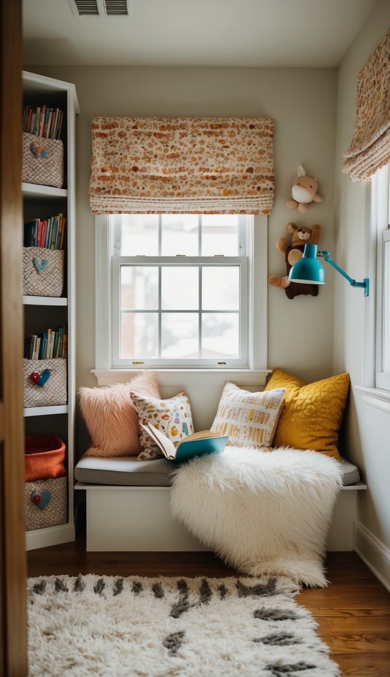 A cozy reading nook with fluffy cushions in a kids' bedroom