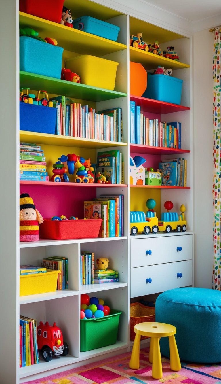 Colorful open shelving filled with toys and books in a bright and playful kids' bedroom