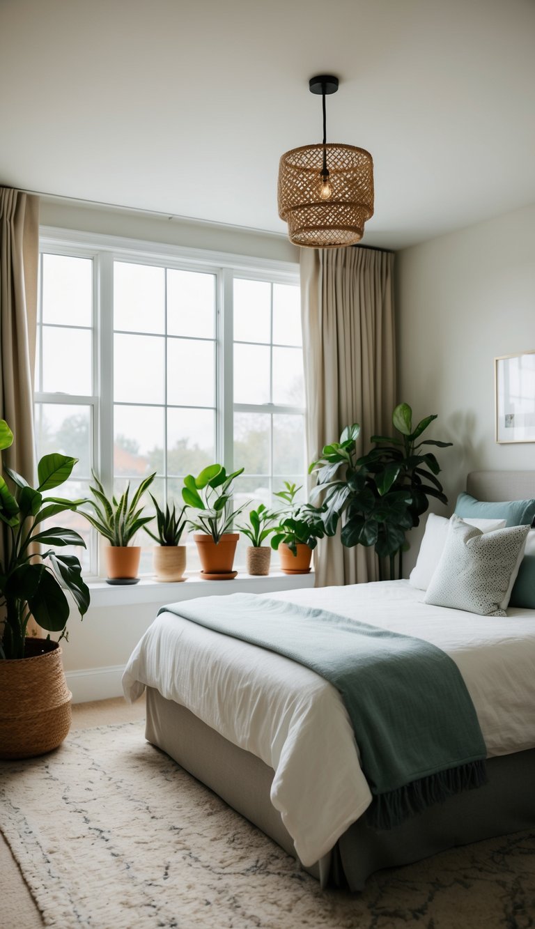 A cozy guest bedroom with a large window, a comfortable bed, and a variety of houseplants scattered around the room for a fresh and inviting atmosphere