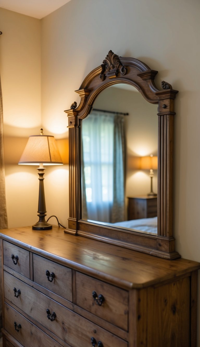 A vintage style mirror hangs above a rustic wooden dresser in a cozy guest bedroom, reflecting the warm glow of a bedside lamp and the inviting charm of the room