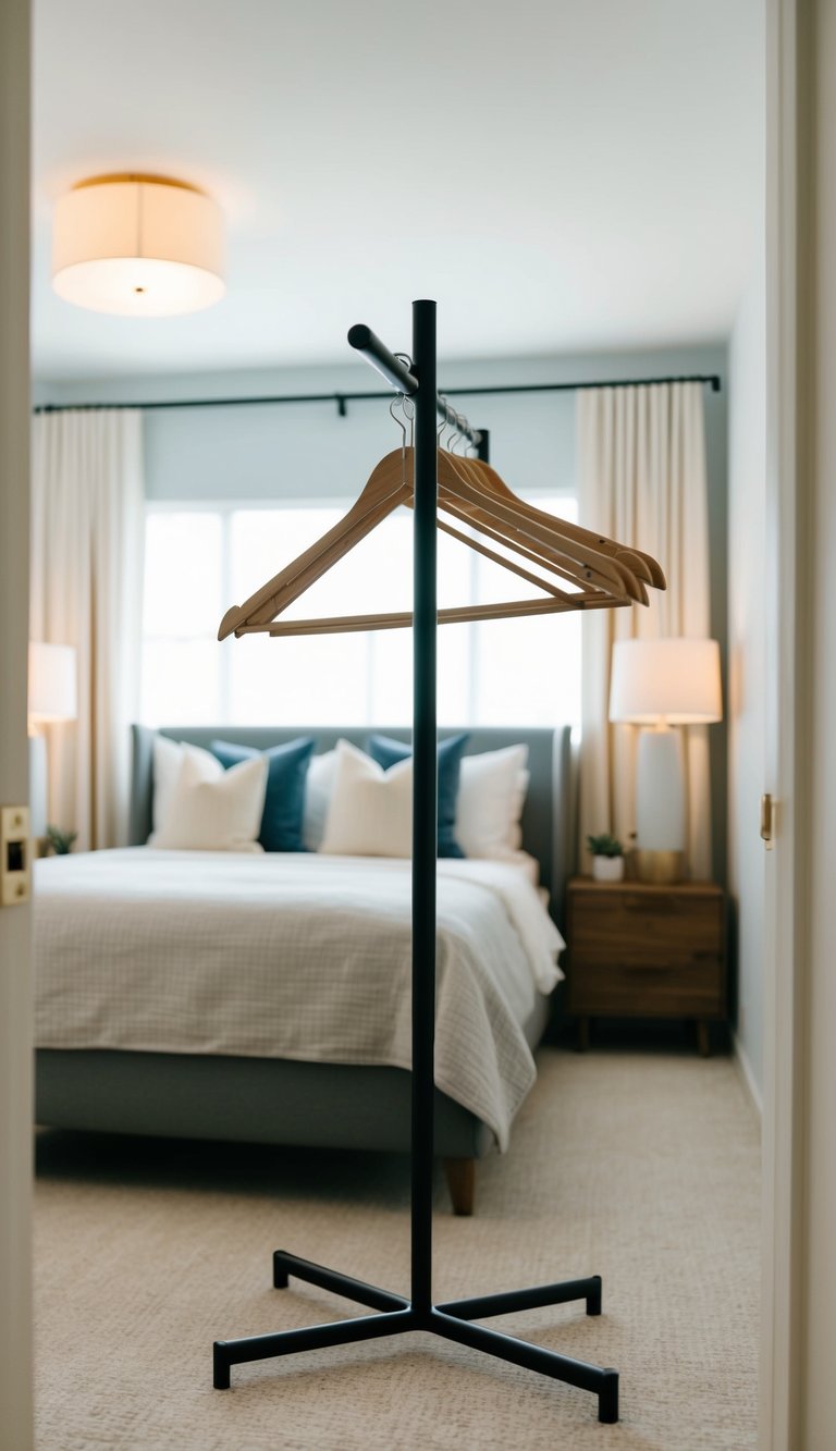 A sleek, modern clothes hanger rack stands in a cozy guest bedroom, surrounded by stylish decor and soft lighting