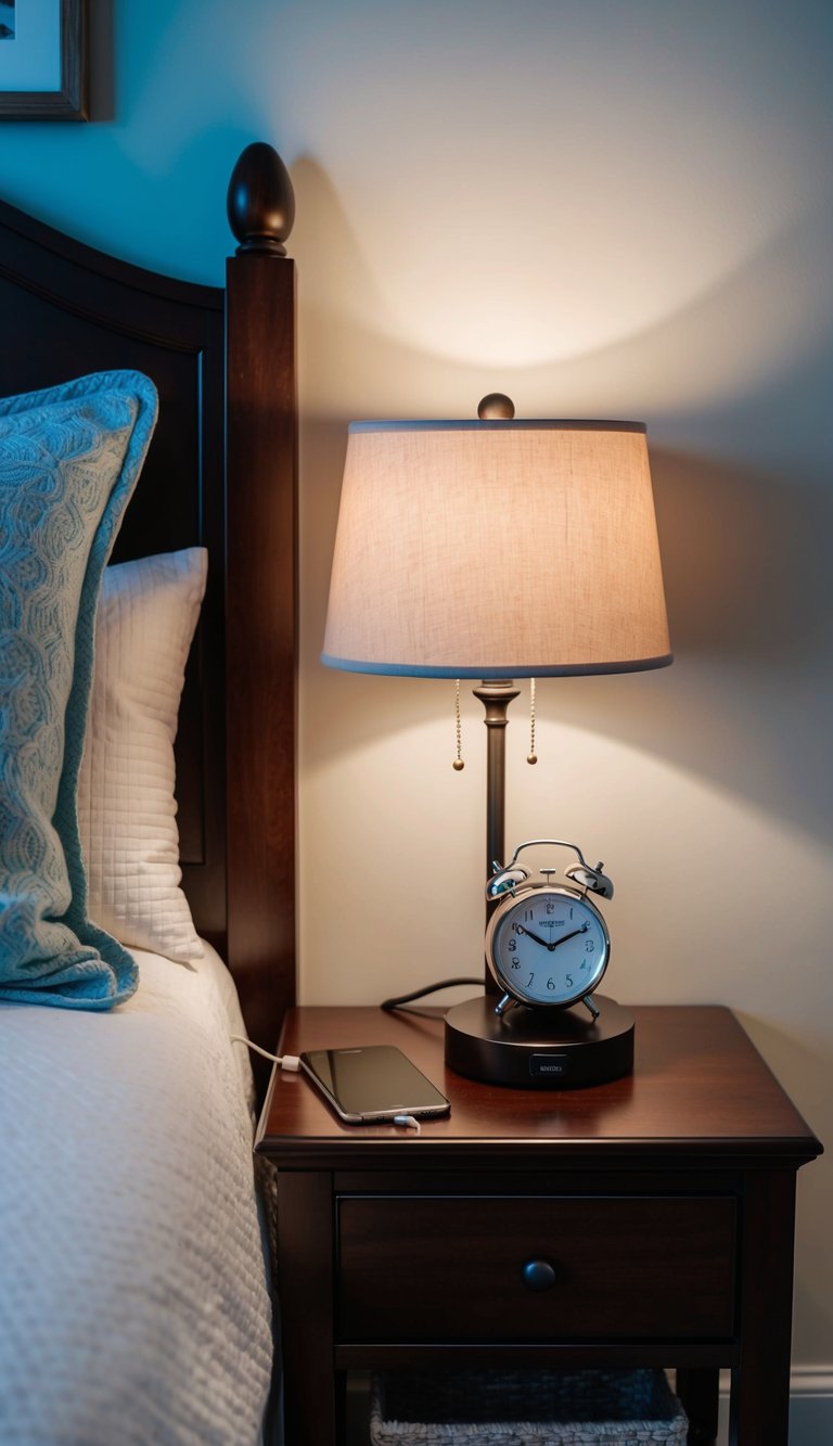 A bedside charging station with a lamp, clock, and phone plugged in on a nightstand in a cozy guest bedroom