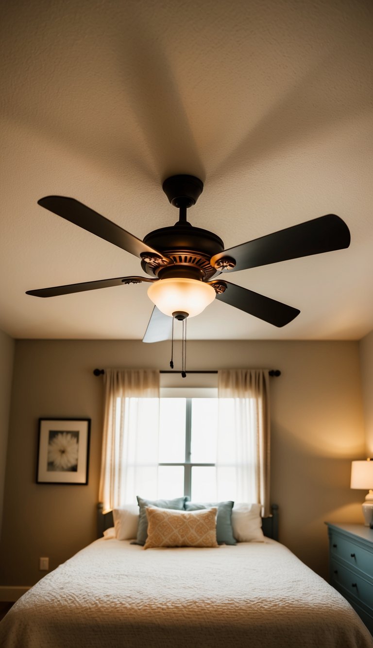 A ceiling fan with lights illuminates a cozy guest bedroom, casting a gentle breeze and warm glow