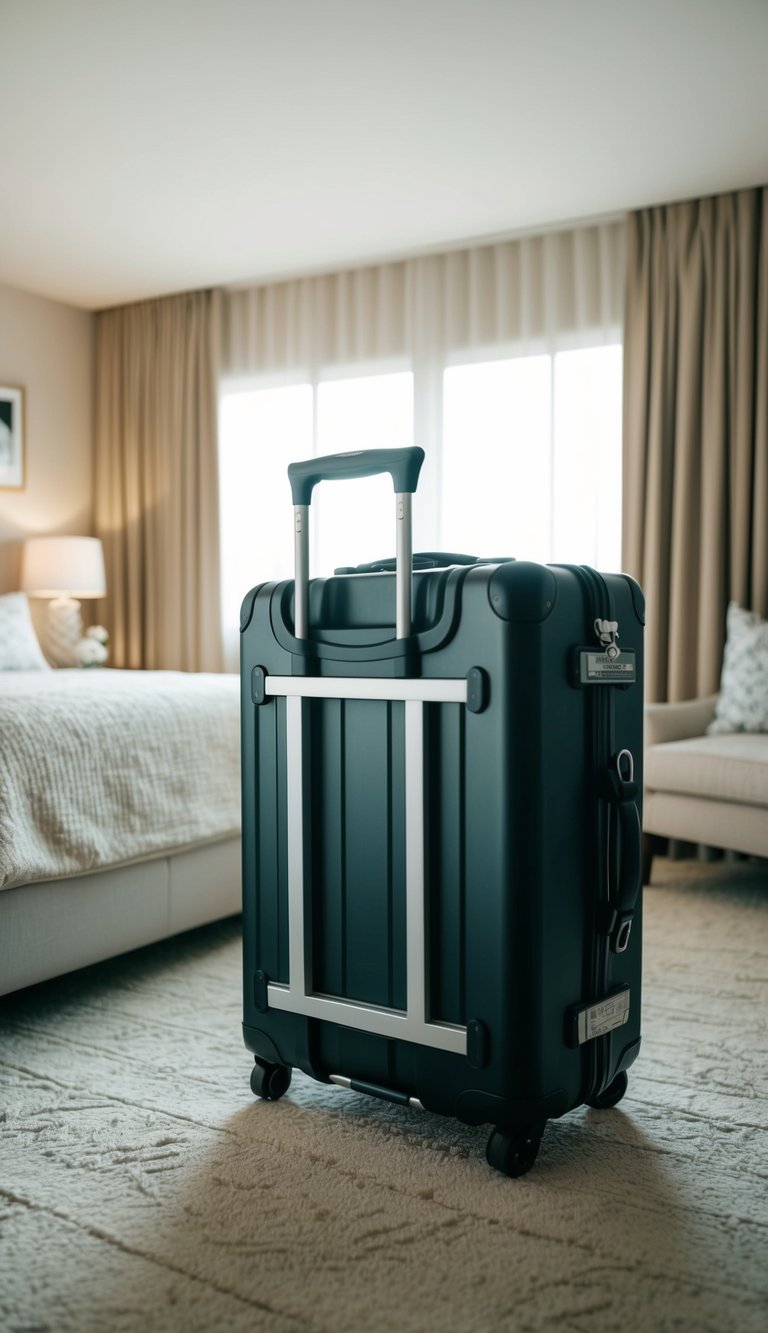 A modern foldable luggage rack sits in a cozy guest bedroom, surrounded by tasteful decor and soft lighting