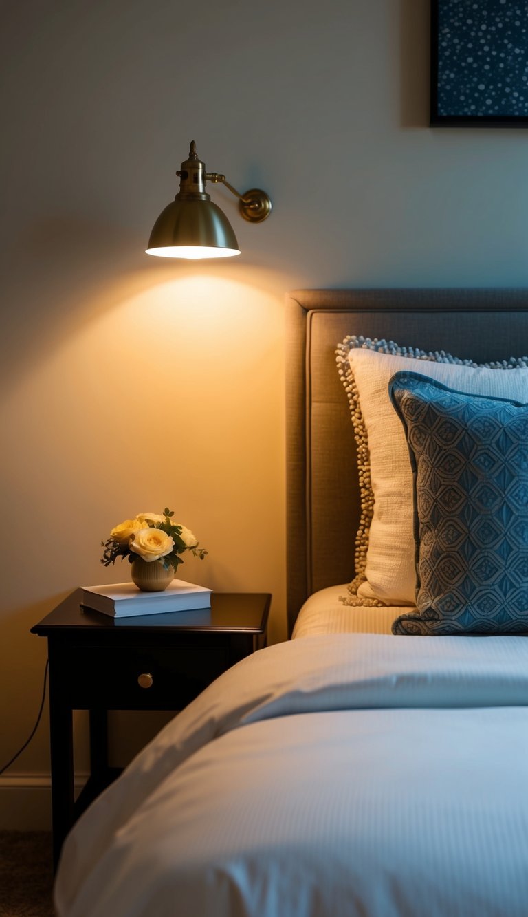 Soft light spills from a bedside lamp, casting a warm glow on the cozy guest bedroom with a neatly made bed and decorative pillows