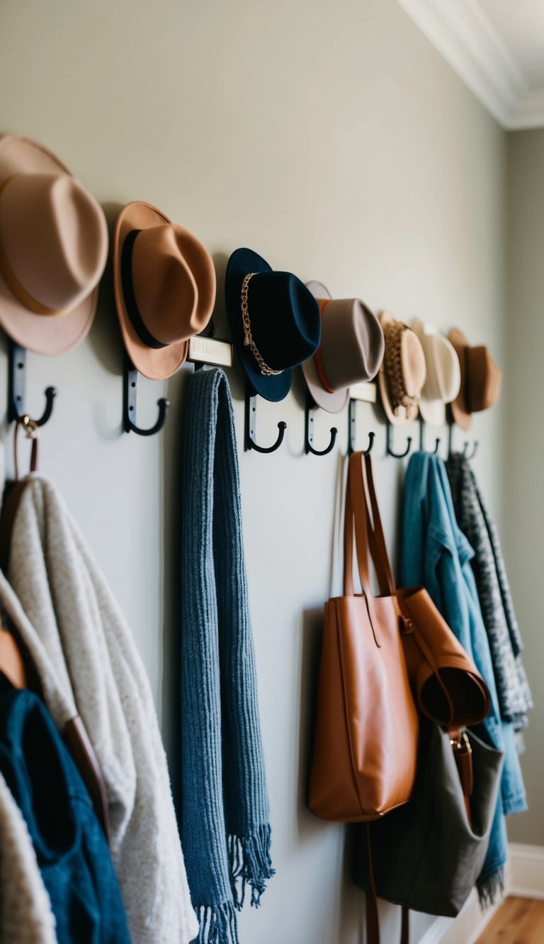 A row of decorative wall hooks in a cozy guest bedroom, each adorned with various items such as hats, scarves, and bags