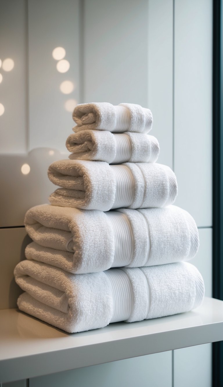 A stack of plush, white hotel-quality towels arranged neatly on a shelf in a clean and modern guest bedroom