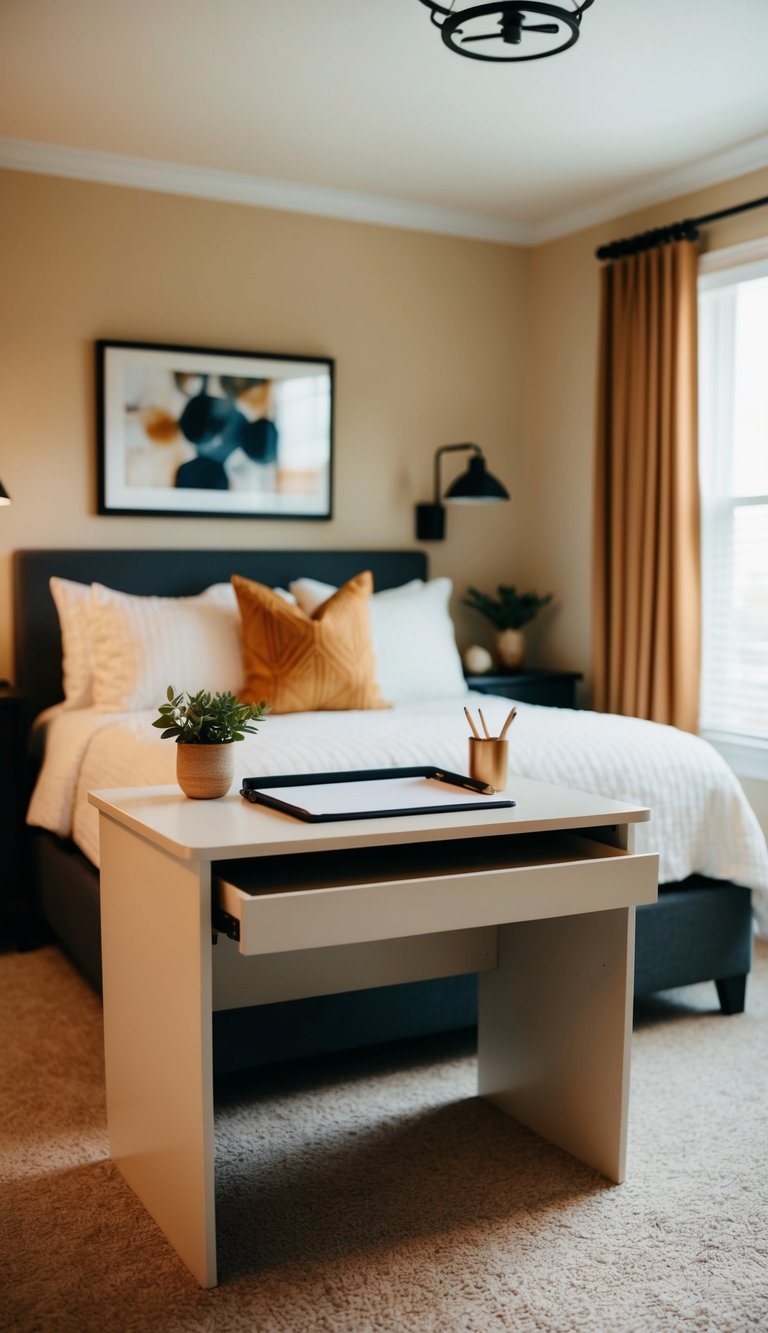 A compact writing desk sits in a cozy guest bedroom, surrounded by warm, inviting decor and soft lighting