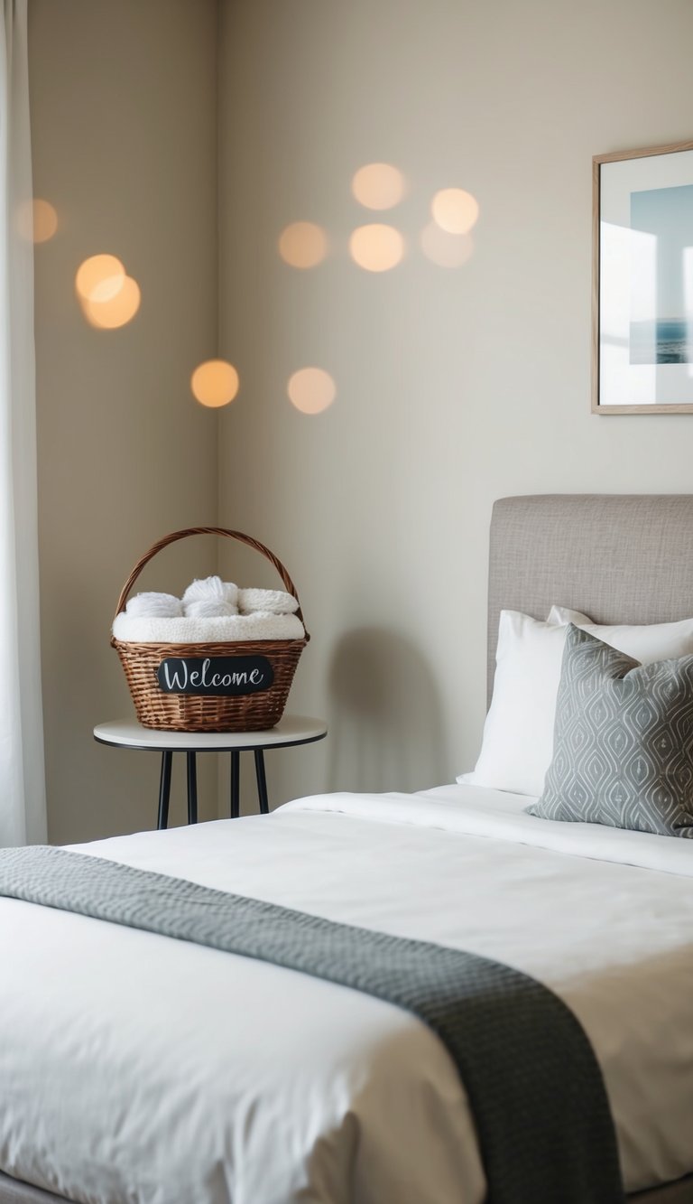 A cozy bedroom with a neatly made bed, a small table with a personalized welcome basket, and soft lighting