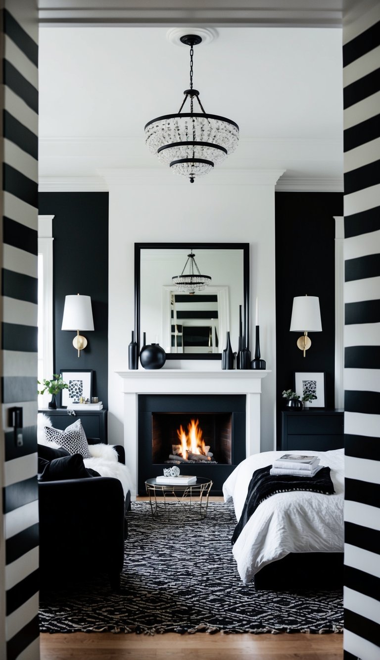 A cozy bedroom with a large fireplace as the focal point, surrounded by black and white decor and furnishings