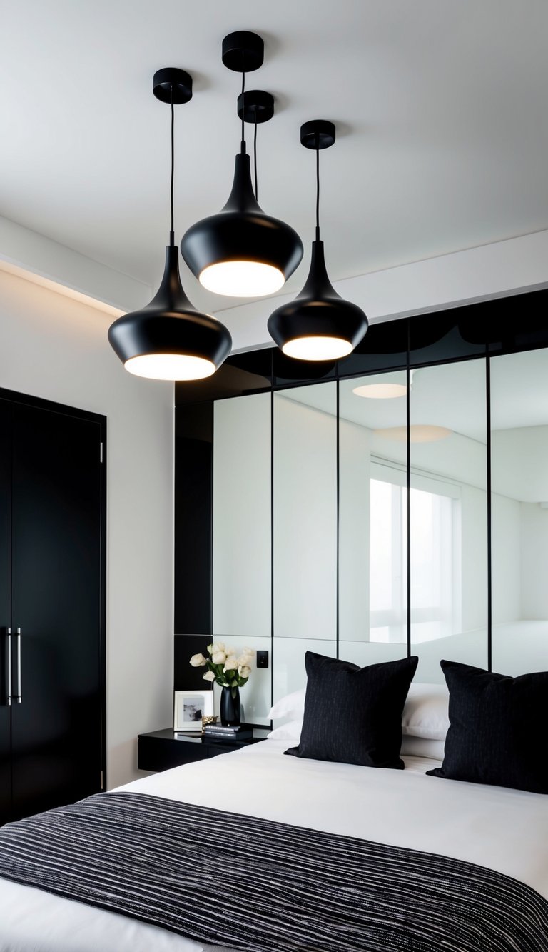 black and white bedroom with Mod Pendant Lights

