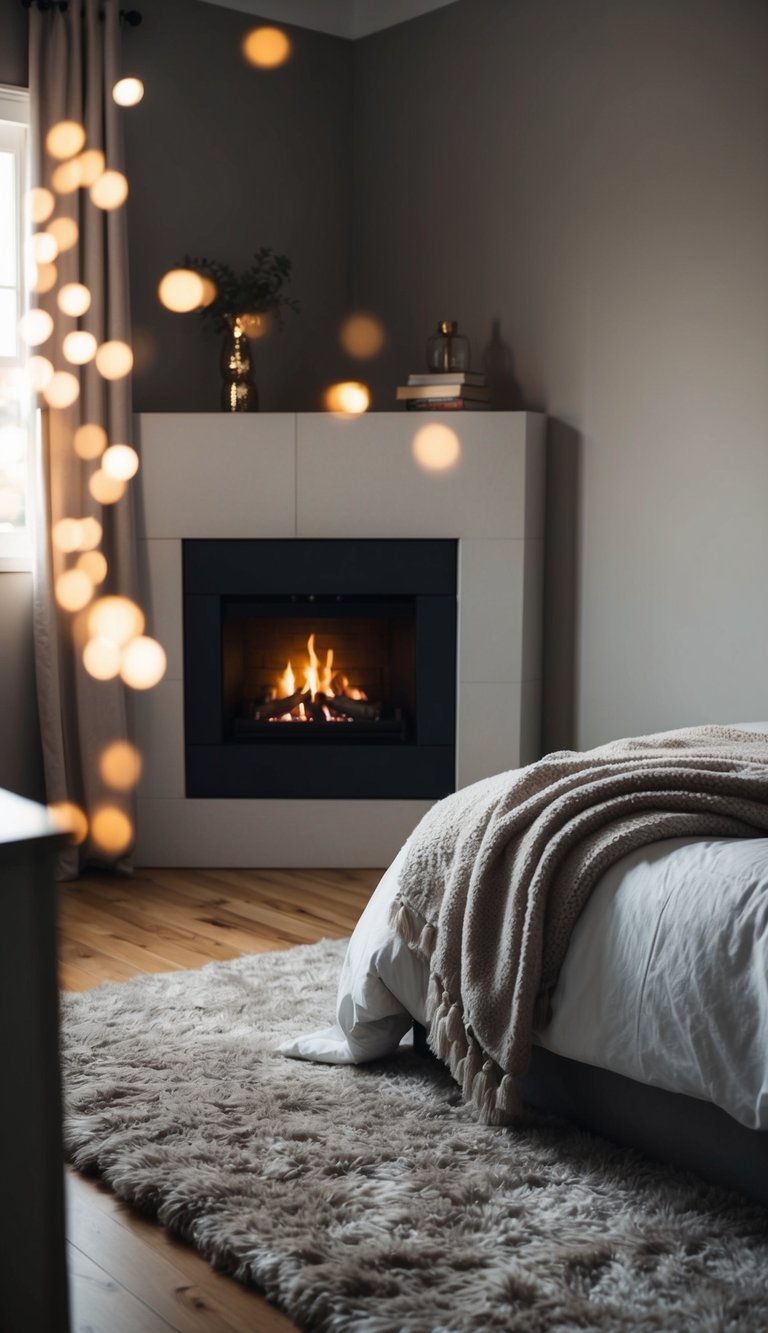 A dimly lit bedroom with a plush rug, soft blankets, and a crackling fireplace