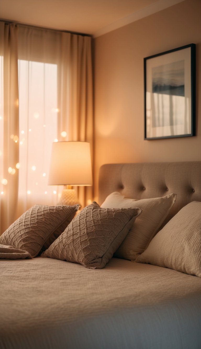 Soft, warm lighting fills a cozy bedroom, casting a gentle glow on the walls and furniture. Subtle hues create a calming atmosphere, perfect for relaxation and comfort