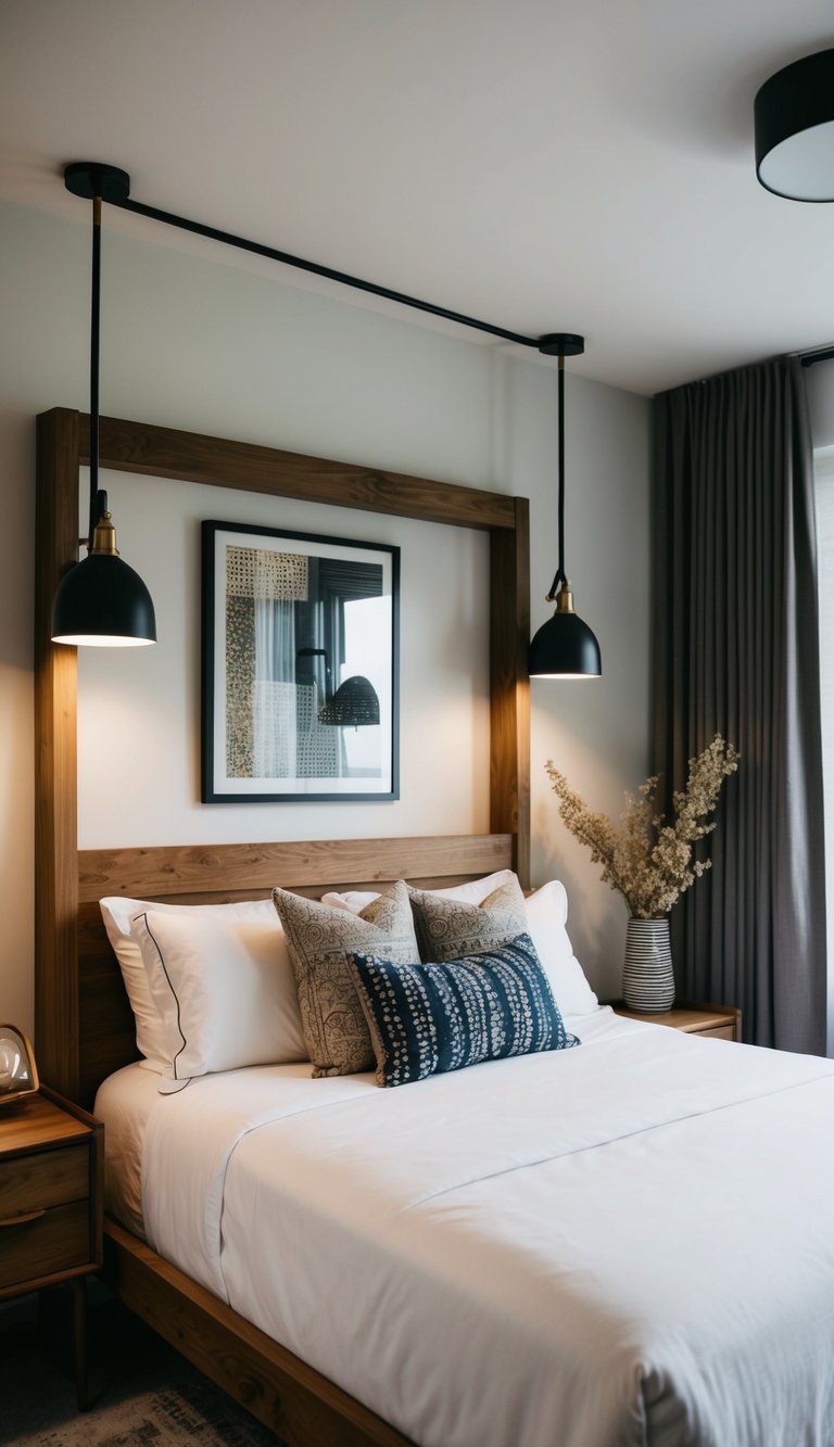 A cozy bedroom with a wooden bed frame, sleek metal lighting fixtures, and a mix of vintage and contemporary decor