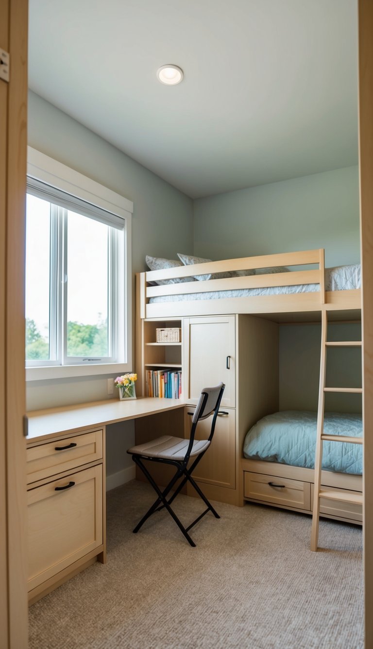 A cozy bedroom with a loft bed, built-in storage, and a desk with a folding chair. A large window lets in natural light, and the walls are painted in a soft, calming color