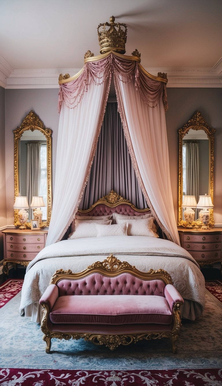 A grand princess bedroom with a canopy bed, plush rugs, and ornate furniture fit for royalty