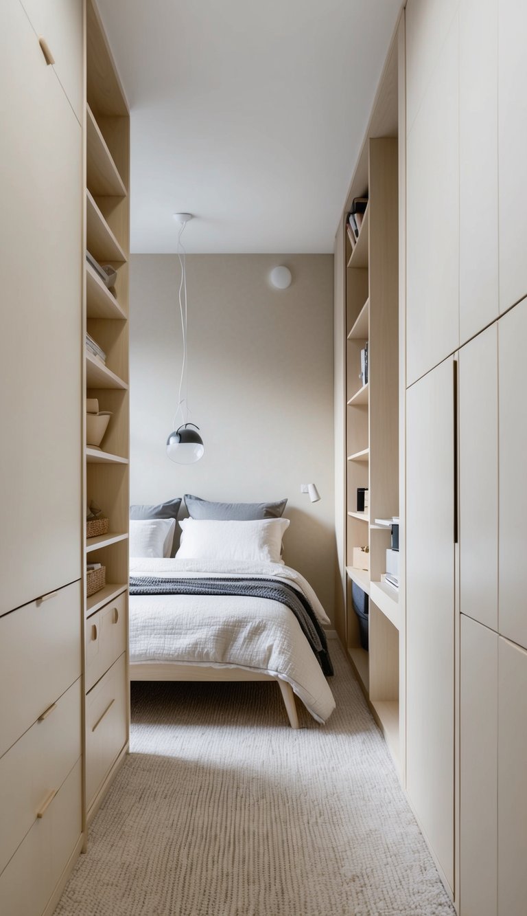 The small bedroom has light, neutral-toned walls with minimal furniture and clever storage solutions