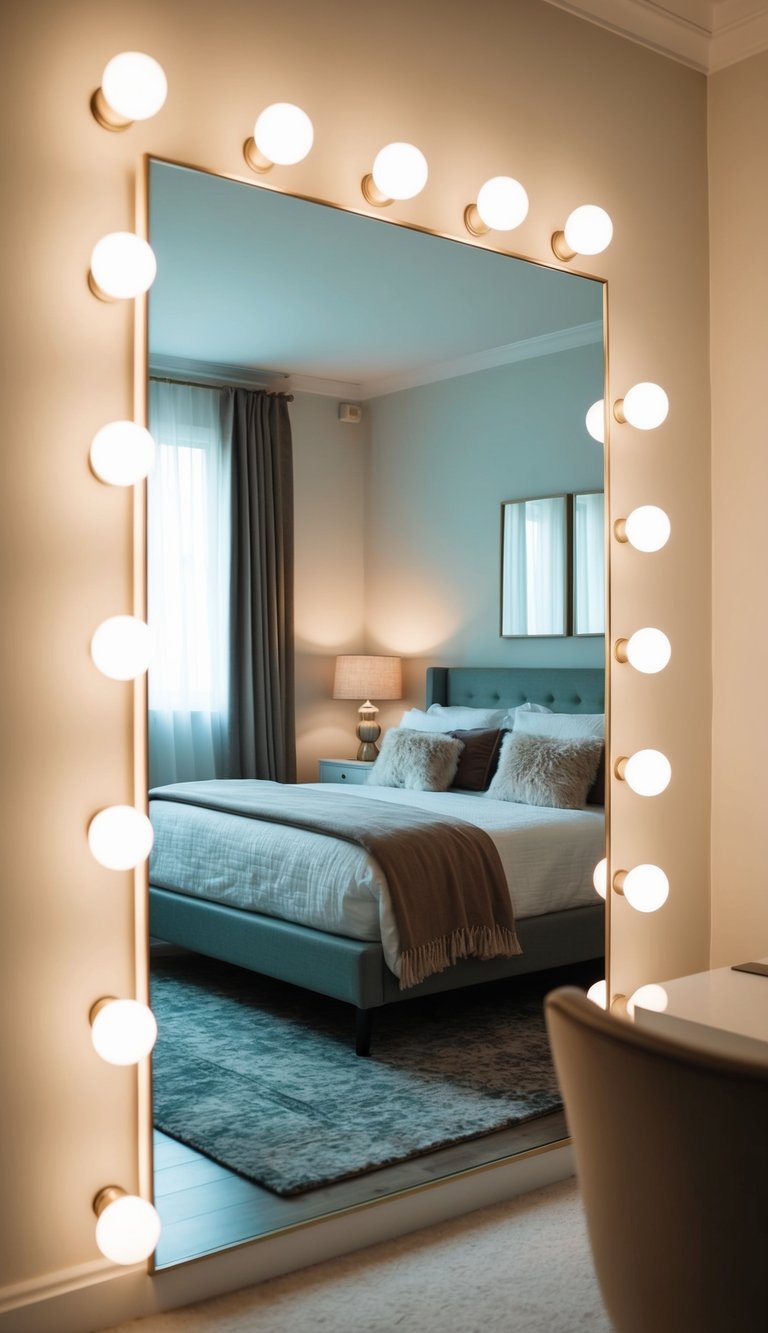 Light bounces off mirrors, expanding a cozy bedroom visually