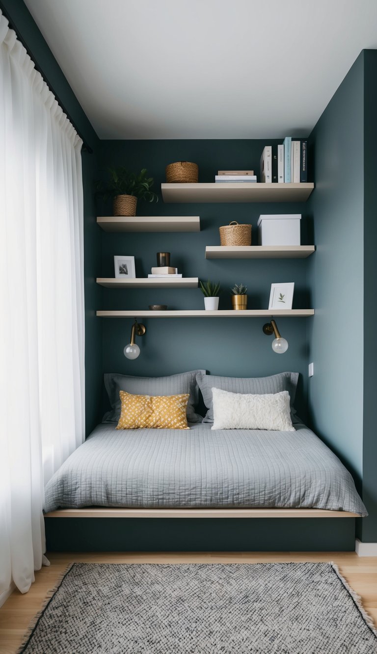 A small bedroom with floating shelves installed for storage, showcasing 21 clever ideas for maximizing space