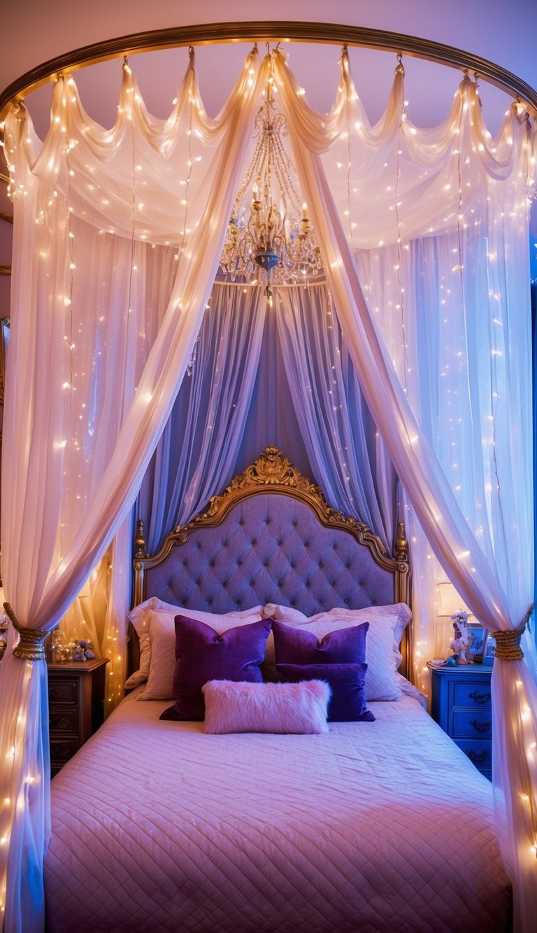 A regal canopy bed with sheer curtains, surrounded by fairy lights and plush pillows in a princess-themed bedroom