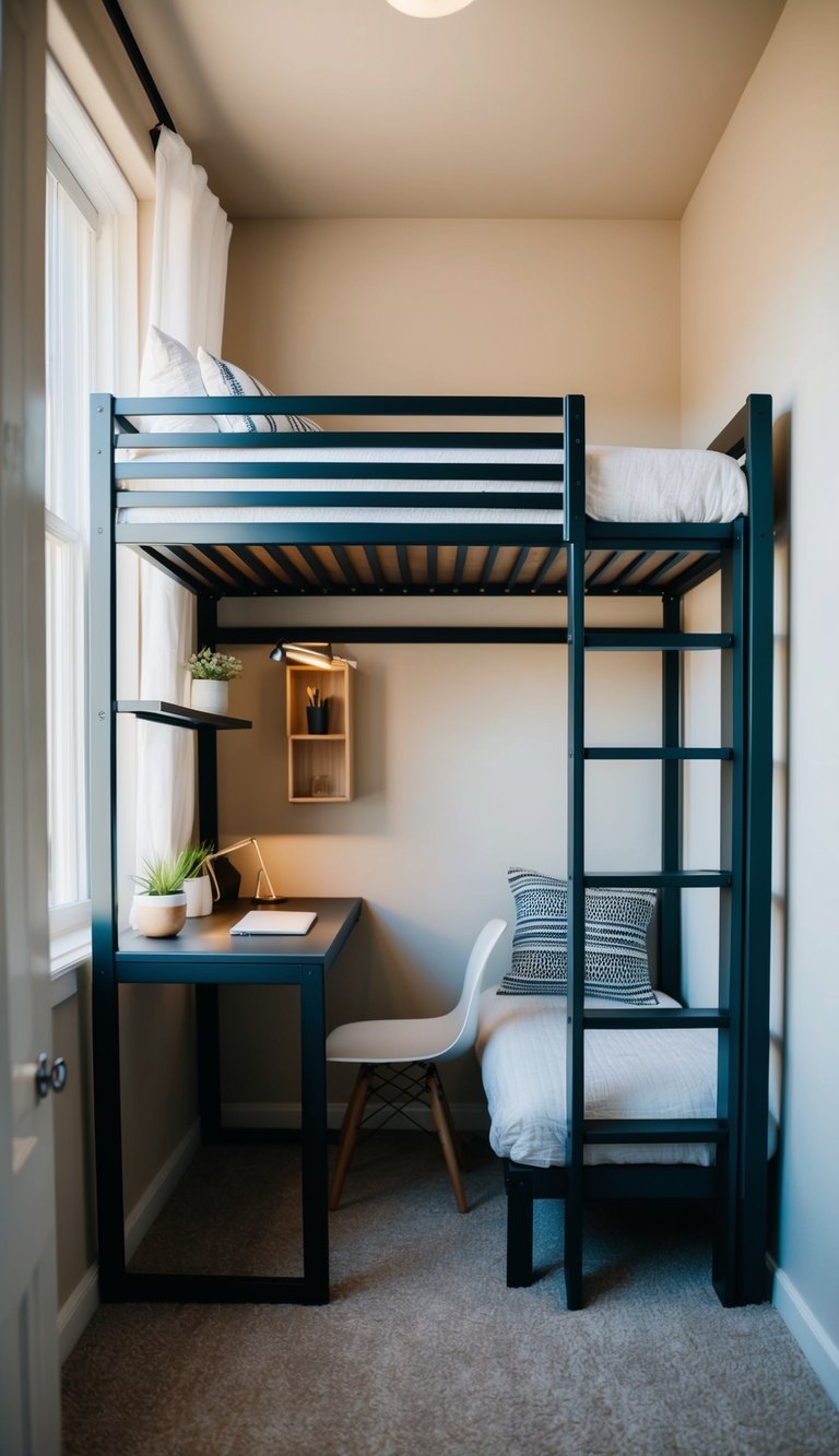 A loft bed with a ladder, compact desk, and storage shelves in a small, cozy bedroom with limited floor space