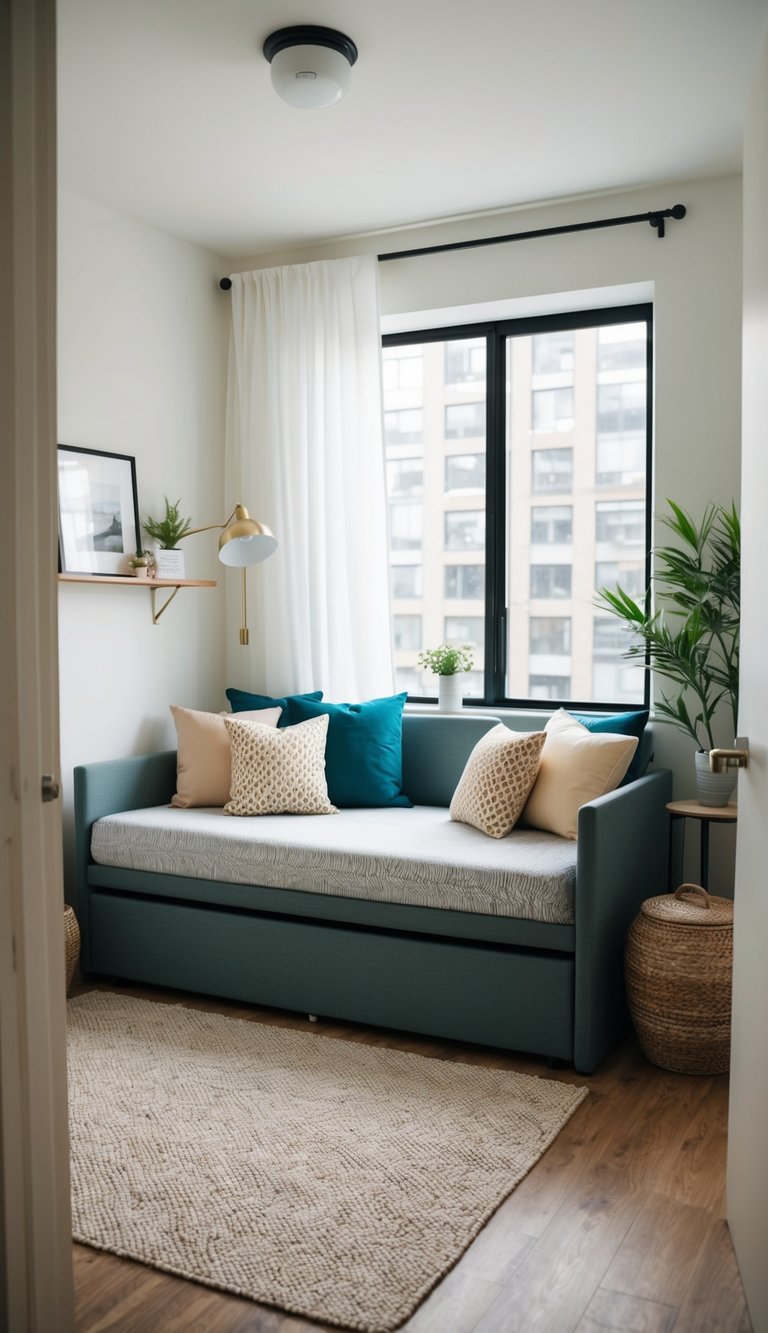 A small bedroom with a daybed serving as a sofa and bed, surrounded by space-saving furniture and decor