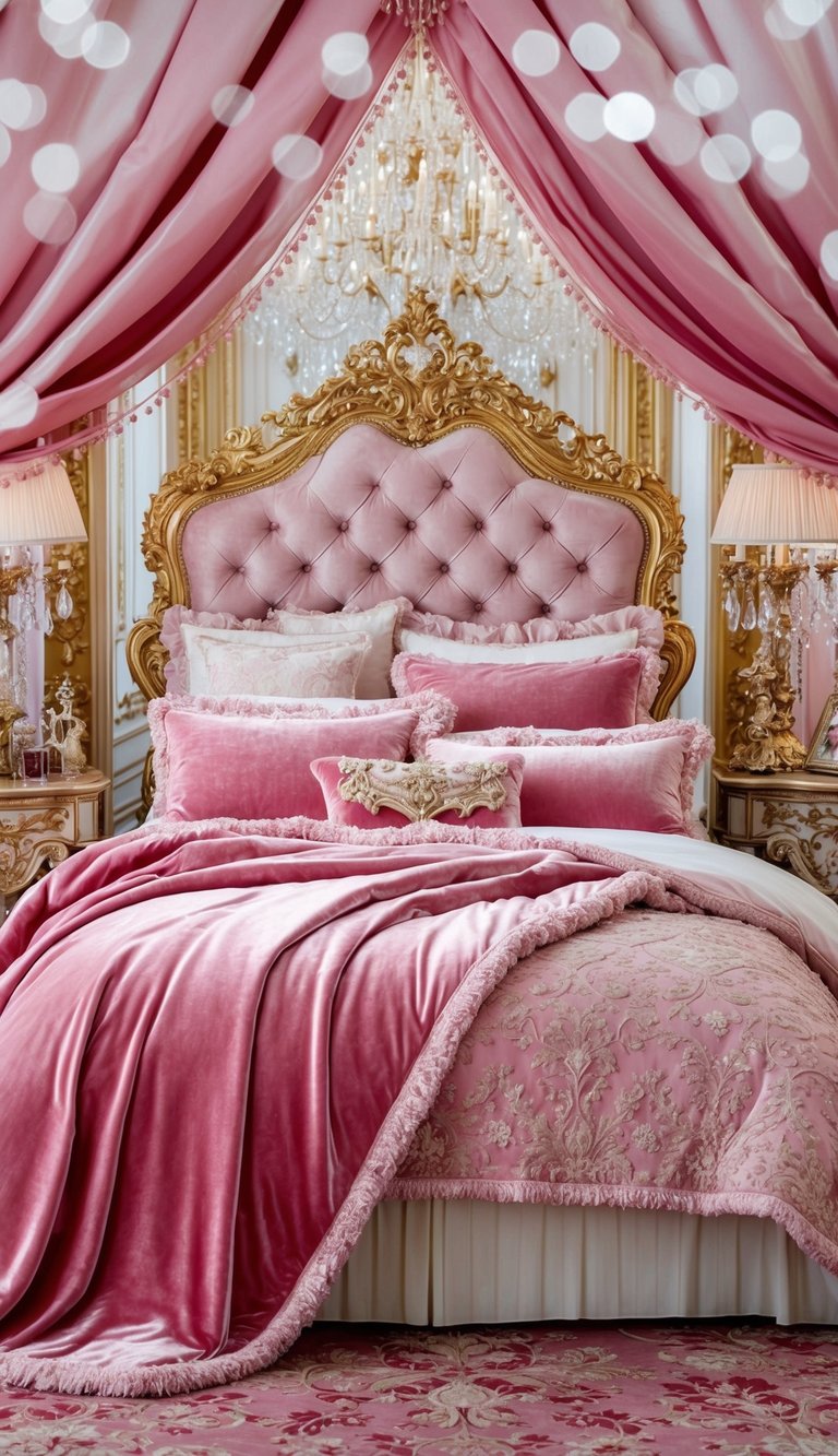 A plush, silky pink comforter drapes elegantly over a princess bed, surrounded by opulent decor fit for royalty