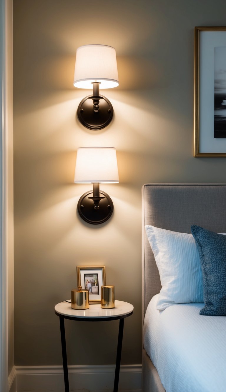 Wall sconces installed above a small bedside table, illuminating the space and freeing up surface area in a cozy bedroom