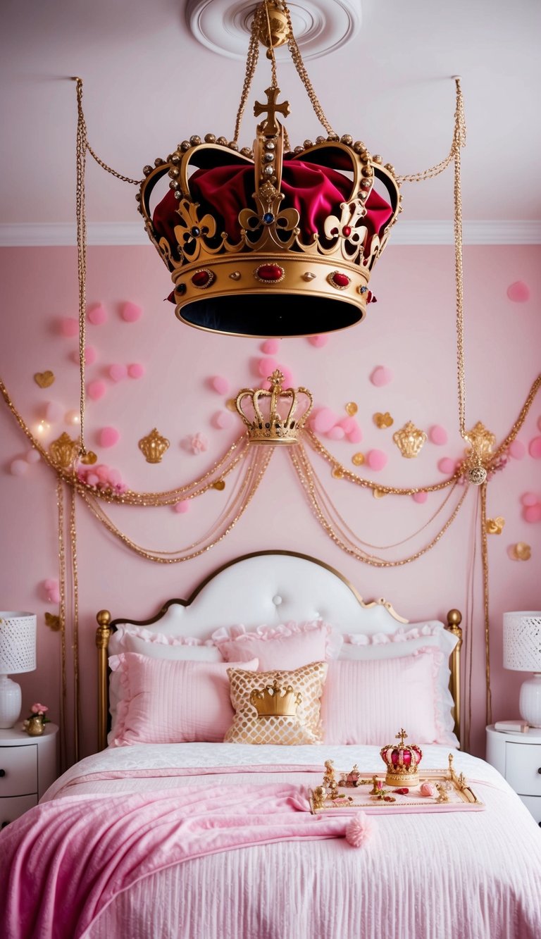 A regal royal crown hangs above a princess-themed bedroom, surrounded by delicate pink and gold accents