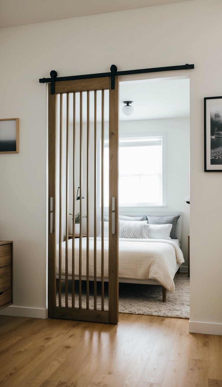 A sliding door separates a cozy bedroom with minimal furniture, maximizing space in a small room