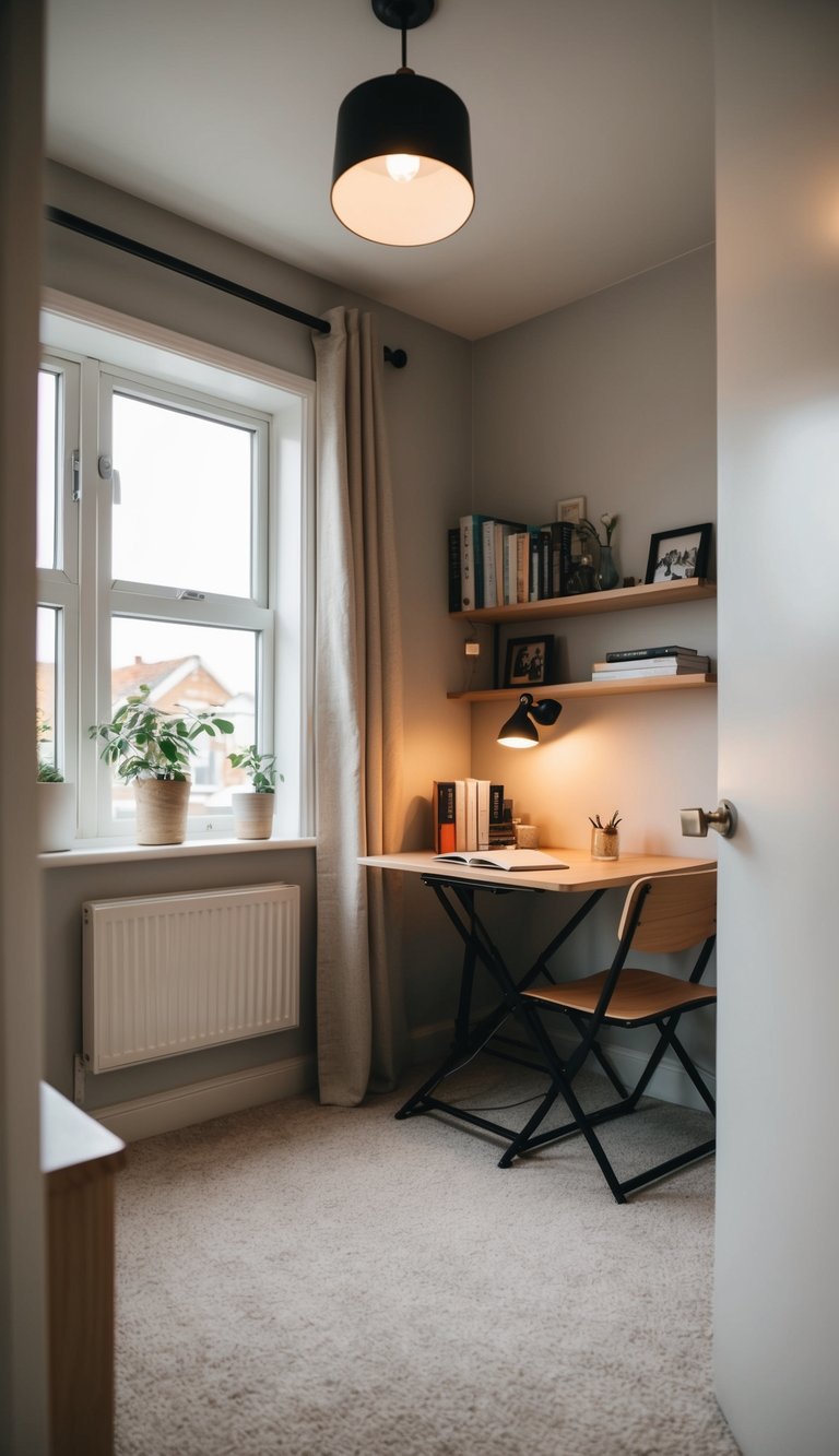 A small bedroom with a foldable desk, cozy and clutter-free