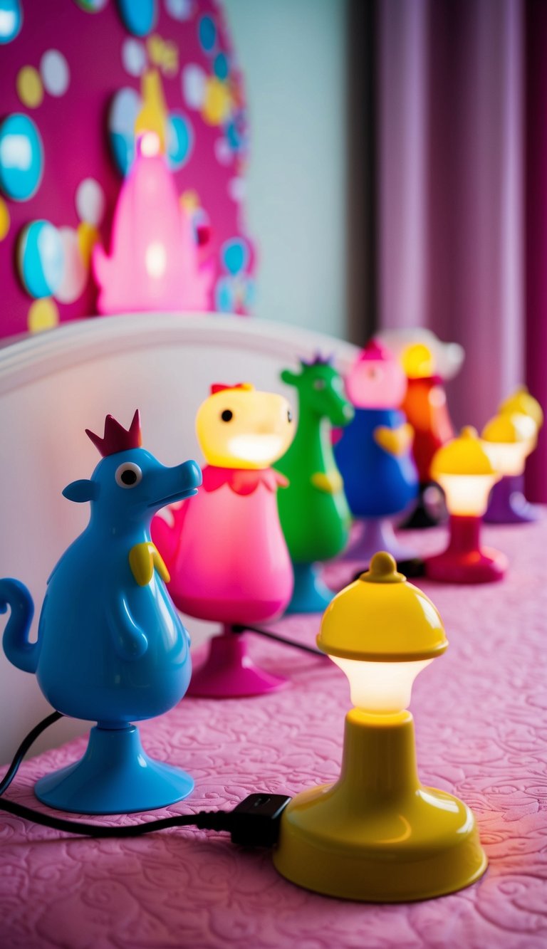 A row of colorful plug-in lamps shaped like whimsical creatures in a princess-themed bedroom