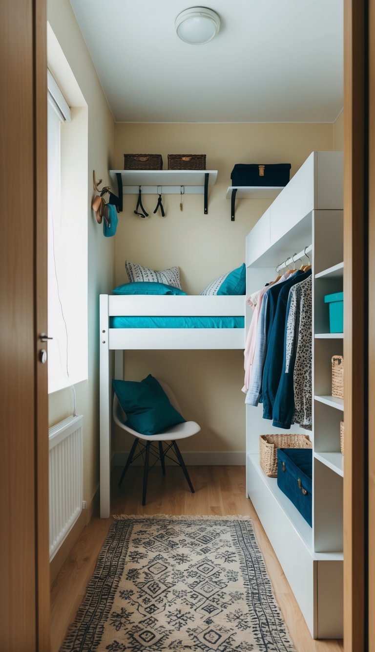 A small bedroom with a loft bed, wall-mounted shelves, and hanging organizers for clothes and accessories