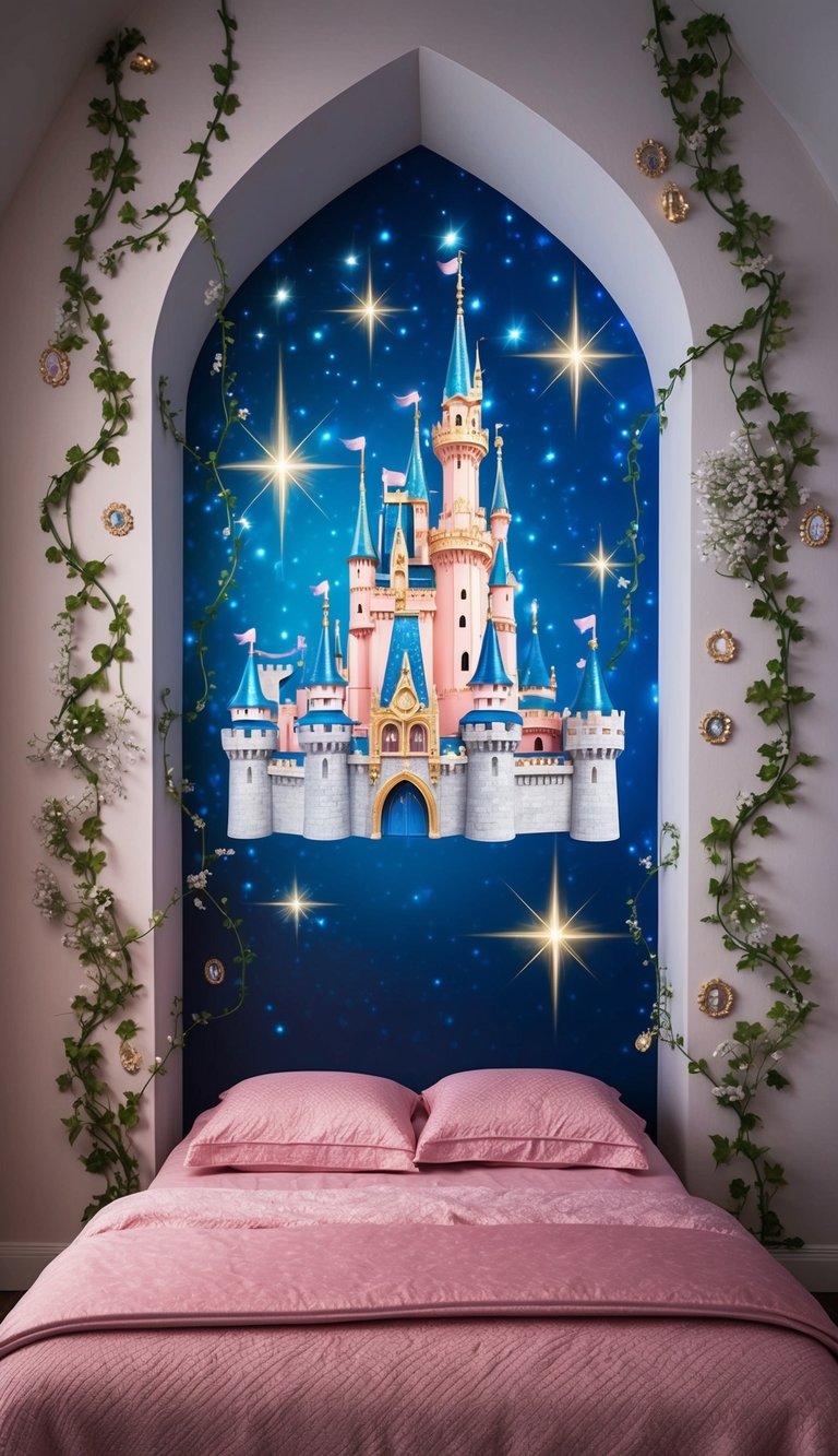 A magical castle wall with twinkling stars, flowing vines, and sparkling jewels adorning the room, fit for a princess's dream bedroom