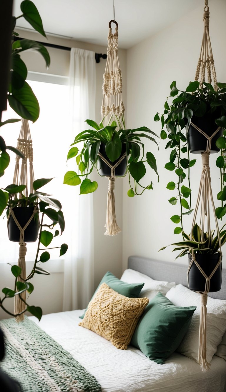 Lush green plants hang from macrame hangers, filling the room with natural beauty and adding a touch of serenity to the small bedroom