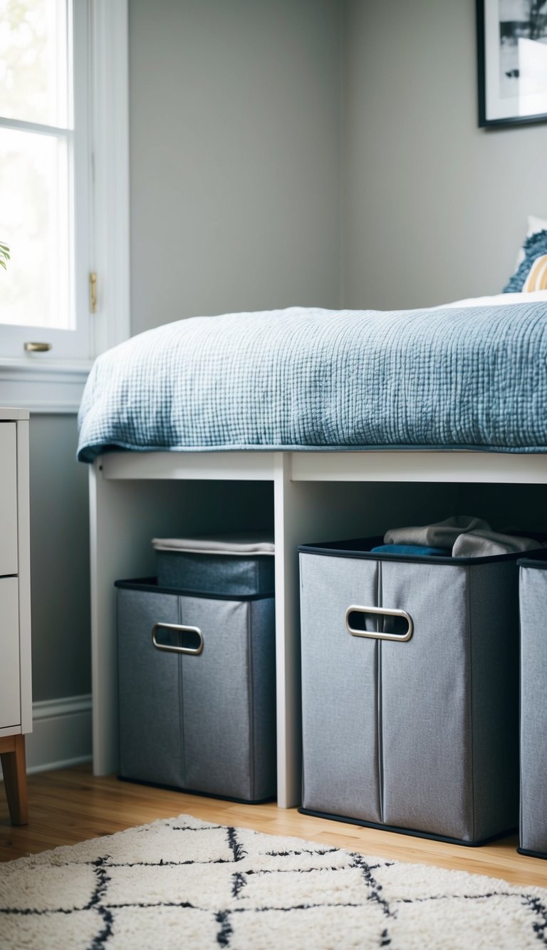 Under-bed storage bins in a small bedroom, with neatly organized items and space-saving solutions