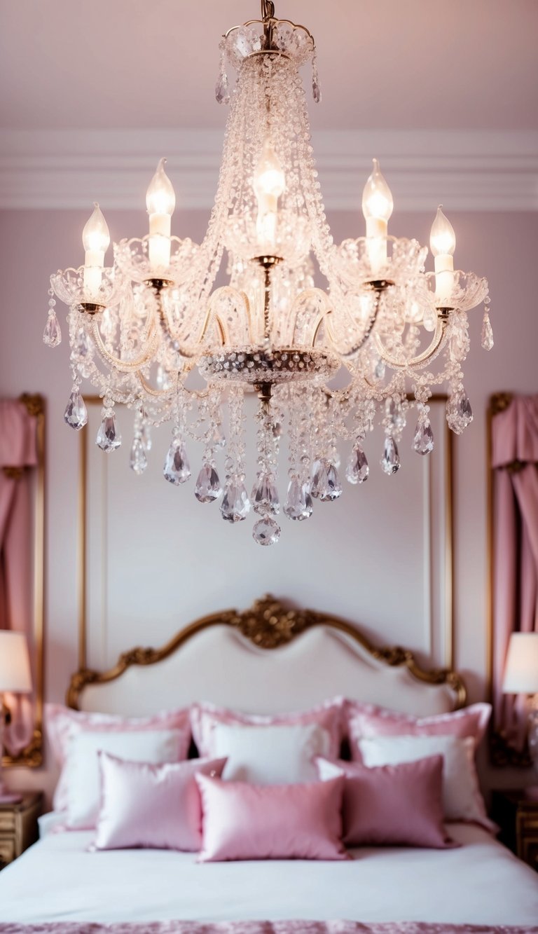 A sparkling crystal chandelier hangs above a luxurious princess bedroom with soft pink and white decor, creating a dreamy and elegant atmosphere