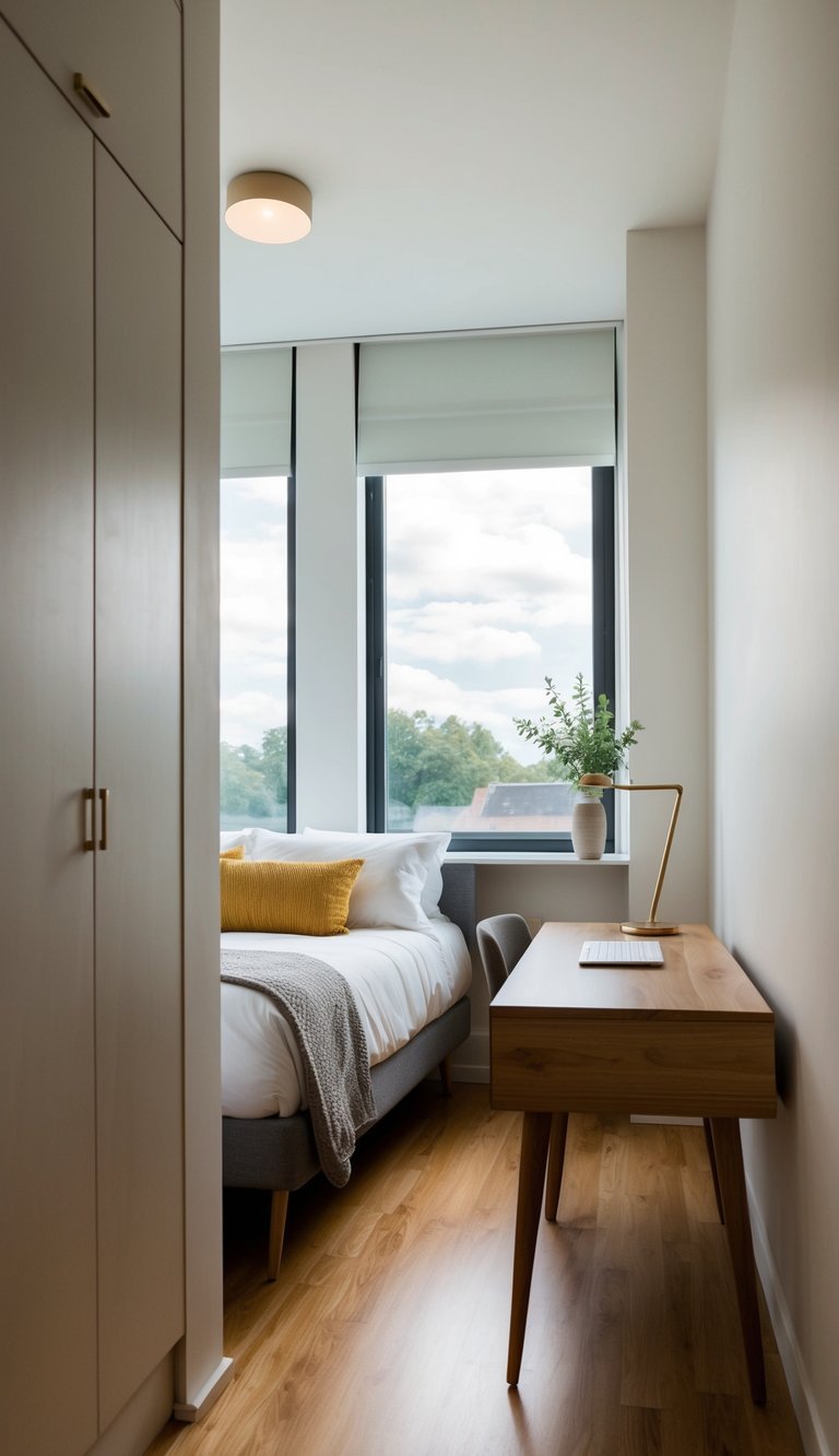 A small bedroom with a bed, dresser, and desk all raised on slim, tapered legs to create an open and airy feel