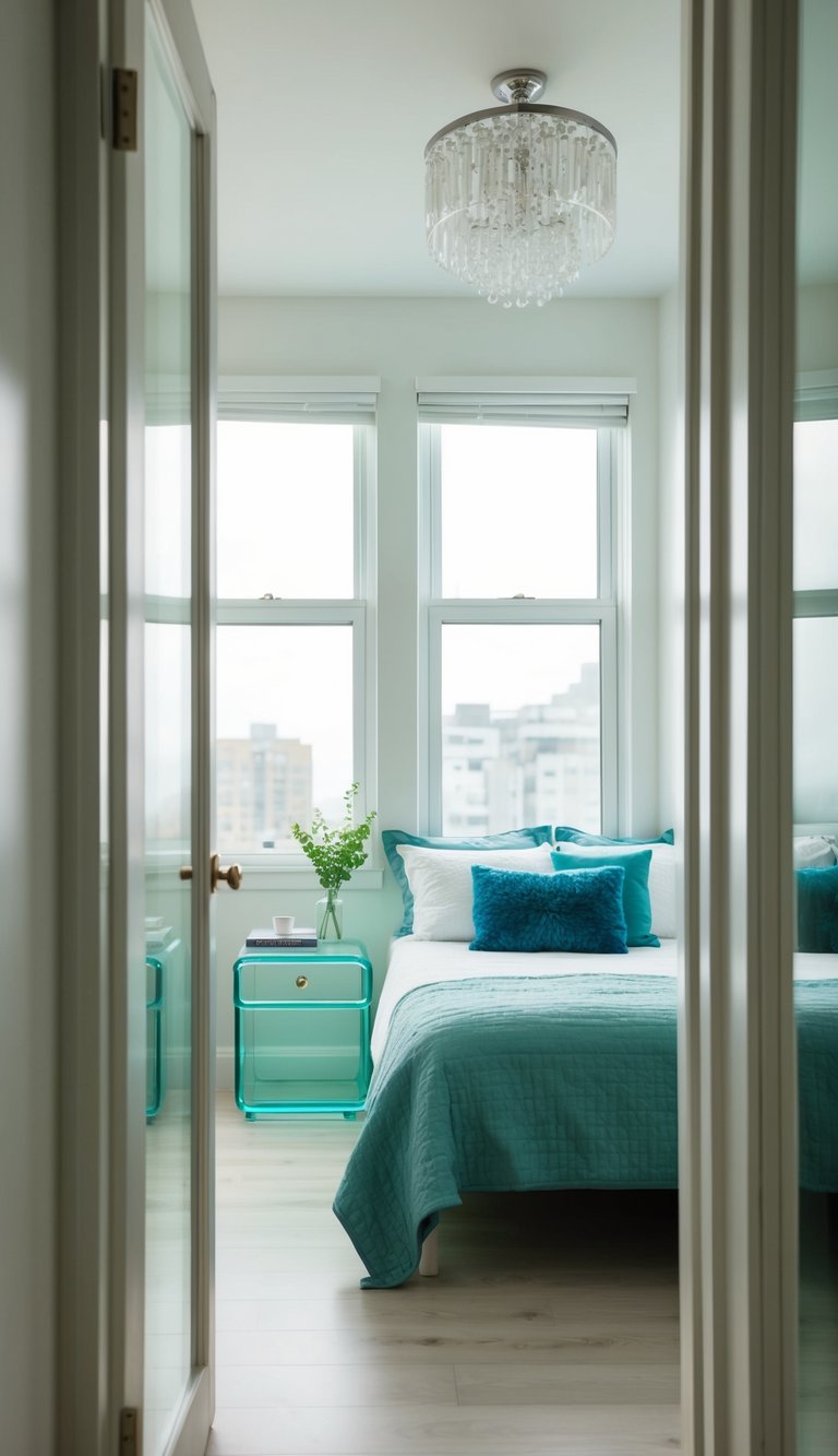 A small bedroom with glass or acrylic furniture, creating a light and airy feel